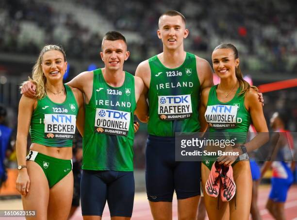 Budapest , Hungary - 19 August 2023; Ireland relay team, from left, Sophie Becker, Chris O'Donnell, Jack Raftery and Sharlene Mawdsley after...
