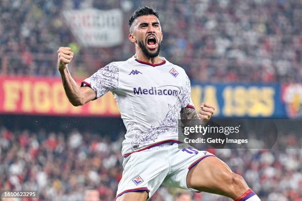 Nicolás González of Fiorentina celebrates after scoring a goal the Serie A TIM match between Genoa CFC and ACF Fiorentina at Stadio Luigi Ferraris on...