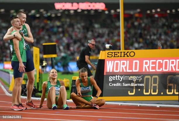 Budapest , Hungary - 19 August 2023; Ireland relay team, from left, Chris O'Donnell, Jack Raftery, Sophie Becker and Sharlene Mawdsley after...