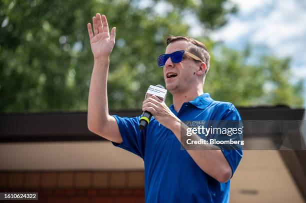 Chase Oliver, 2024 Libertarian presidential candidate, speaks at the Des Moines Register political soapbox during the Iowa State Fair in Des Moines,...