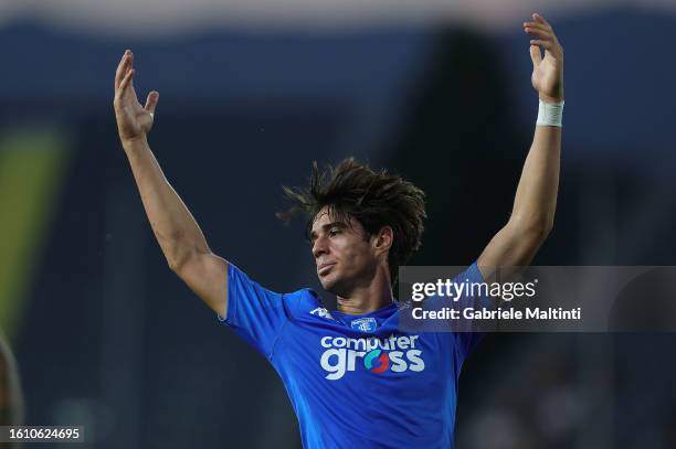 Stiven Shpendi of Empoli FC reacts during the Serie A TIM match between Empoli FC and Hellas Verona FC at Stadio Carlo Castellani on August 19, 2023...