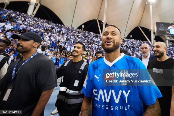 Neymar Jr of Al Nassr FC meets the fans while halftime during the Saudi Pro League football match between Al Hilal Saudi FC and Al-Fayha atPrince...