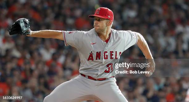 Tyler Anderson of the Los Angeles Angels pitches in the first inning against the Houston Astros at Minute Maid Park on August 12, 2023 in Houston,...