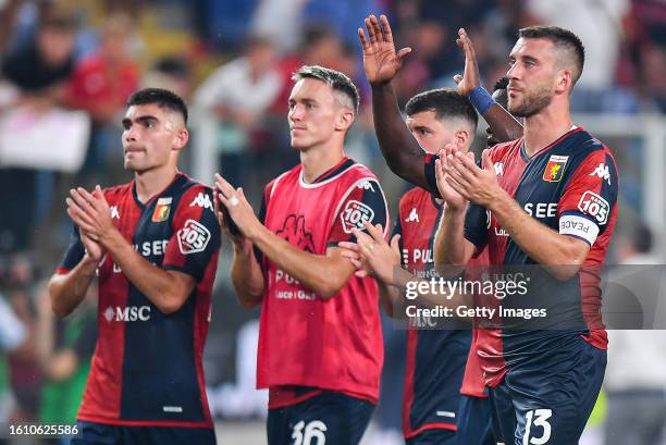 Mattia Bani of Genoa and his team-mates greet the crowd after the Serie A TIM match between Genoa CFC and ACF Fiorentina at Stadio Luigi Ferraris on...