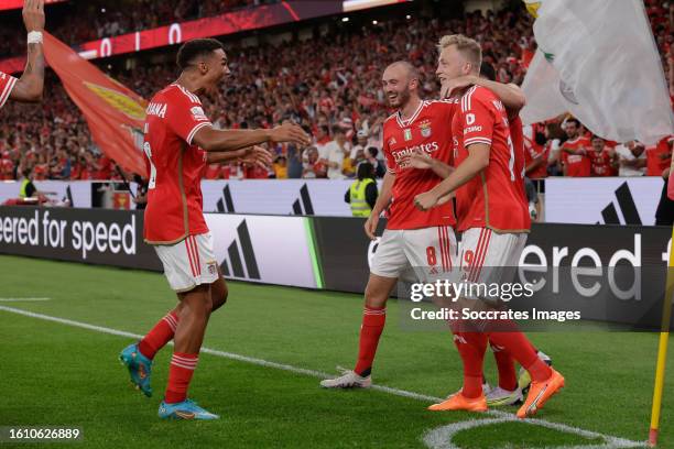 Casper Tengstedt of Benfica celebrates 1-0 with Fredrik Aursnes of Benfica, Alexander Bah of Benfica during the Portugese Primeira Liga match between...