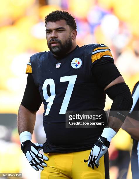 Cameron Heyward of the Pittsburgh Steelers warms up prior to the preseason game against the Buffalo Bills at Acrisure Stadium on August 19, 2023 in...