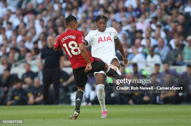 Manchester United's Casemiro challengesTottenham Hotspur's Destiny Udogie during the Premier League match between Tottenham Hotspur and Manchester...