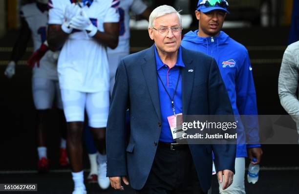 Buffalo Bills owner Terry Pegula walks onto the field during warmups before the preseason game against the Pittsburgh Steelers at Acrisure Stadium on...