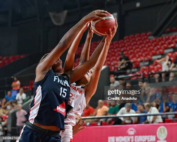 Leyre Urdiain of Spain in action against Lilyana Fontcha of France during FIBA U16 Women's European Championship final match between Spain and France...