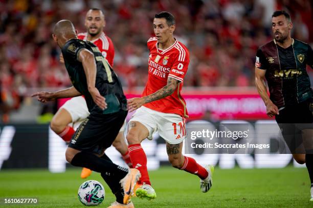 Mansur of Estreia da Amadora, Angel Di Maria of Benfica, Joao Reis of Estreia da Amadora during the Portugese Primeira Liga match between Benfica v...