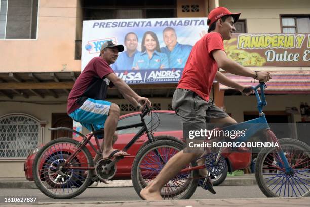 An advertisement for Ecuadorian presidential candidate for the Movimiento Revolucion Ciudadana party, Luisa Gonzalez, is seen in Canuto, Ecuador, on...