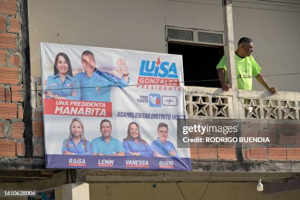 An advertisement for Ecuadorian presidential candidate for the Movimiento Revolucion Ciudadana party, Luisa Gonzalez, is seen in Canuto, Ecuador, on...