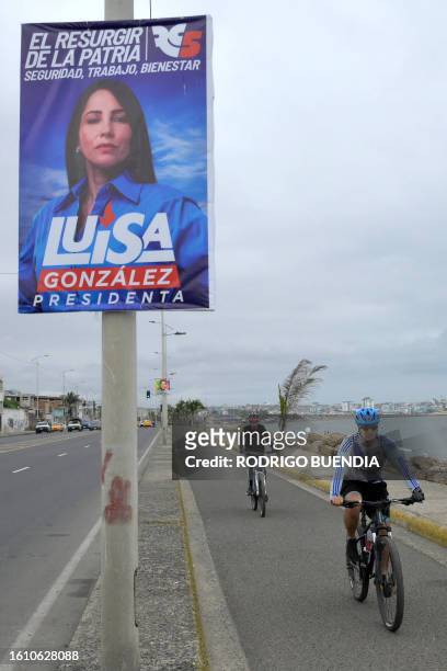 An advertisement for Ecuadorian presidential candidate for the Movimiento Revolucion Ciudadana party, Luisa Gonzalez, is seen in Manta, Ecuador, on...
