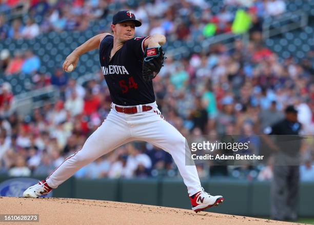 Sonny Gray of the Minnesota Twins pitches in the first inning against the Pittsburgh Pirates at Target Field on August 19, 2023 in Minneapolis,...