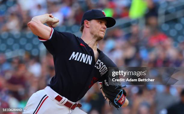 Sonny Gray of the Minnesota Twins pitches in the first inning against the Pittsburgh Pirates at Target Field on August 19, 2023 in Minneapolis,...