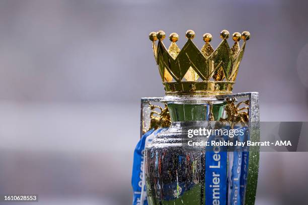 The Premier League trophy during the Premier League match between Manchester City and Newcastle United at Etihad Stadium on August 19, 2023 in...