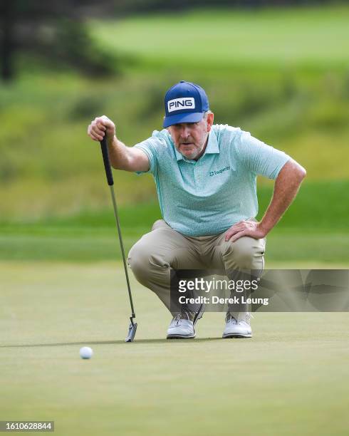 Jeff Maggert of United States, who finished tied for seventh on the leaderboard at -7, lines up a putt on hole 15 on day two of the Shaw Charity...