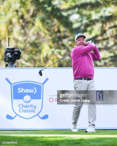 Billy Mayfair of United States, who finished tied for seventh on the leaderboard at -7, tees off on hole 18 on day two of the Shaw Charity Classic at...