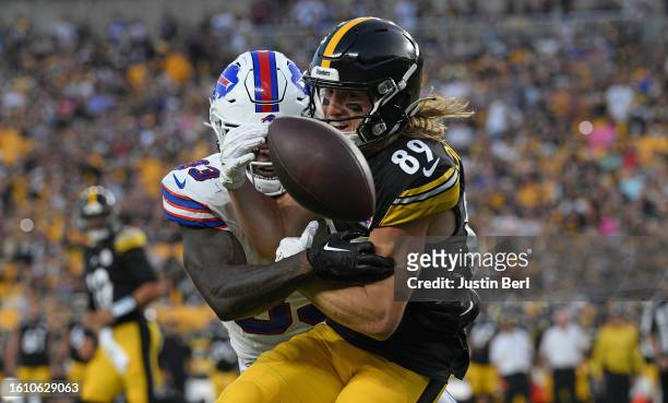 Gunner Olszewski of the Pittsburgh Steelers cannot make a catch as Siran Neal of the Buffalo Bills defends in the second quarter during a preseason...