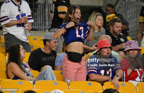 Buffalo Bills fan cheers in the fourth quarter during a preseason game against the Pittsburgh Steelers at Acrisure Stadium on August 19, 2023 in...