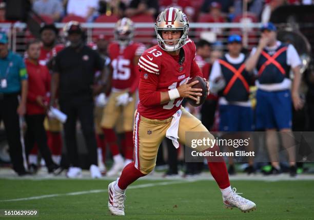 Brock Purdy of the San Francisco 49ers looks to pass during the first half of a preseason game against the Denver Broncos at Levi's Stadium on August...