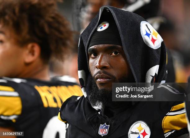 Diontae Johnson of the Pittsburgh Steelers looks on during the third quarter of a preseason game against the Buffalo Bills at Acrisure Stadium on...