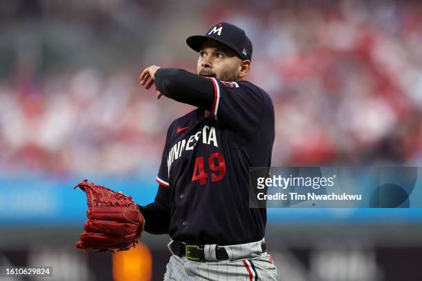Pablo Lopez of the Minnesota Twins reacts during the second inning against the Philadelphia Phillies at Citizens Bank Park on August 12, 2023 in...