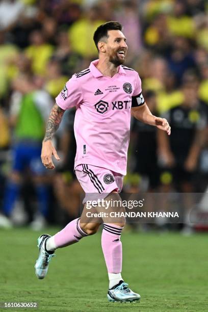 Inter Miami's Argentine forward Lionel Messi celebrates after winning the Leagues Cup final football match against Nashville SC at Geodis Park in...