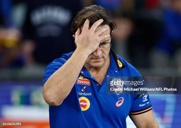 Luke Beveridge, Senior Coach of the Bulldogs looks on during the 2023 AFL Round 23 match between the Western Bulldogs and the West Coast Eagles at...