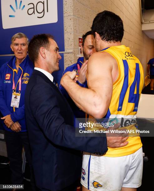 Justin Langer celebrates with Liam Duggan of the Eagles during the 2023 AFL Round 23 match between the Western Bulldogs and the West Coast Eagles at...