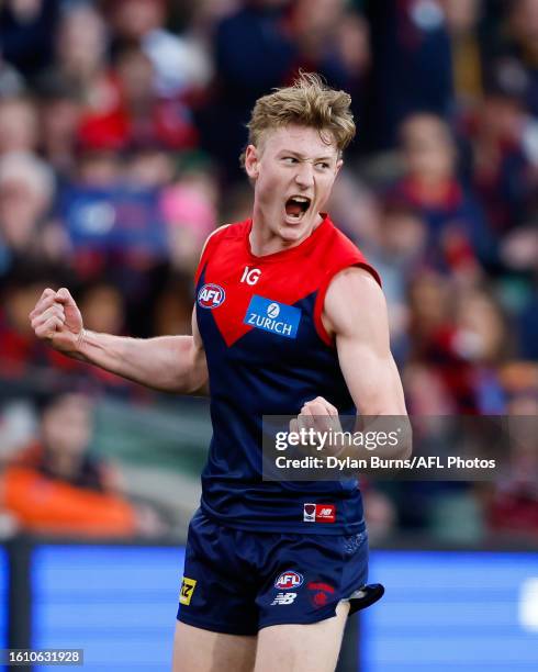 Jacob van Rooyen of the Demons celebrates a goal during the 2023 AFL Round 23 match between the Melbourne Demons and the Hawthorn Hawks at Melbourne...