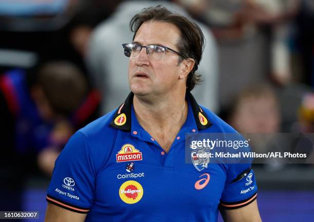 Luke Beveridge, Senior Coach of the Bulldogs looks on during the 2023 AFL Round 23 match between the Western Bulldogs and the West Coast Eagles at...