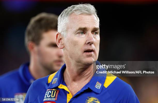 Adam Simpson, Senior Coach of the Eagles looks on during the 2023 AFL Round 23 match between the Western Bulldogs and the West Coast Eagles at Marvel...