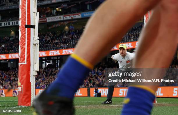 The goal umpire is seen during the 2023 AFL Round 23 match between the Western Bulldogs and the West Coast Eagles at Marvel Stadium on August 20,...