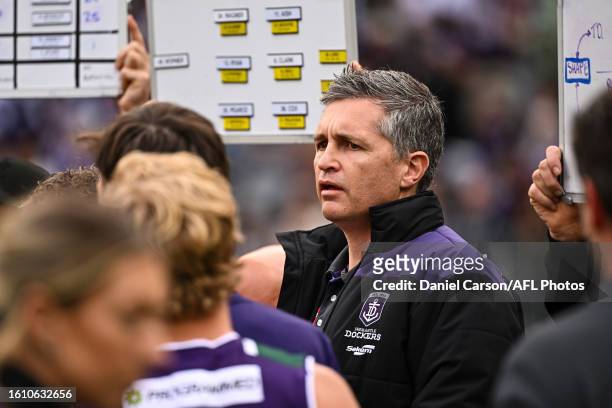Justin Longmuir, Senior Coach of the Dockers at the quarter time break during the 2023 AFL Round 23 match between the Fremantle Dockers and the Port...