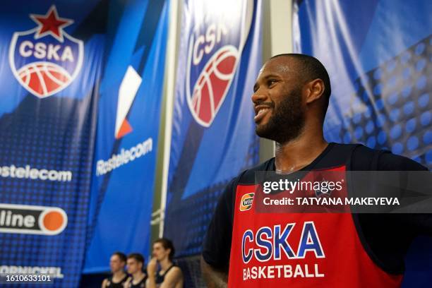 French basketball player Amath Mbaye smiles during his first training session with CSKA Moscow in Moscow, on August 18, 2023. International...