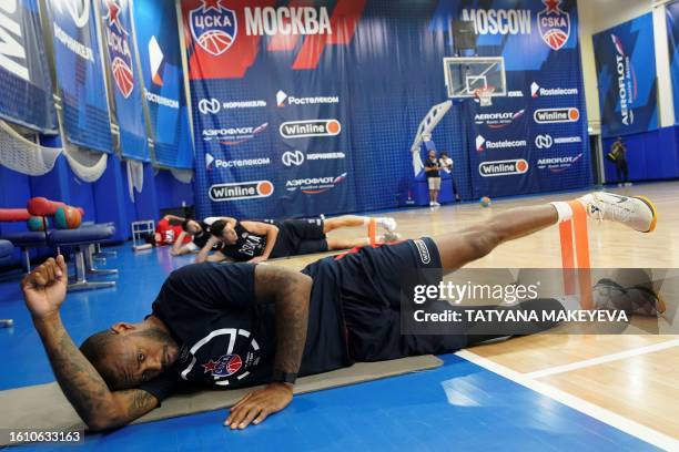 French basketball player Amath Mbaye warms up during his first training session with CSKA Moscow in Moscow, on August 18, 2023. International...