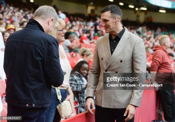 Ex Welsh captain Sam Warburton chats to fans while on pundit duty during the Summer International match between Wales and South Africa at...