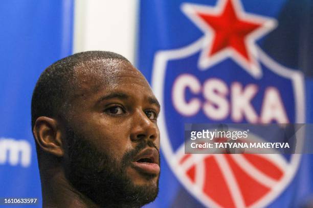 French basketball player Amath Mbaye looks on during his first training session with CSKA Moscow in Moscow, on August 18, 2023. International...