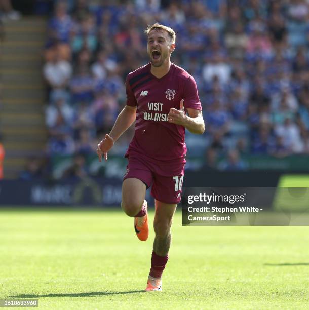 Cardiff City's Aaron Ramsey celebrates scoring his side's equalising goal to make the score 1-1 during the Sky Bet Championship match between...