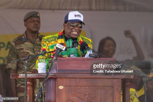 President Emmerson Mnangagwa addresses his party supporters during a campaign rally on August 19, 2023 in Shurugwi, Zimbabwe. Against a backdrop of...