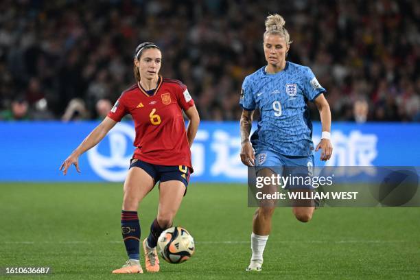 Spain's midfielder Aitana Bonmati fights for the ball with England's forward Rachel Daly during the Australia and New Zealand 2023 Women's World Cup...