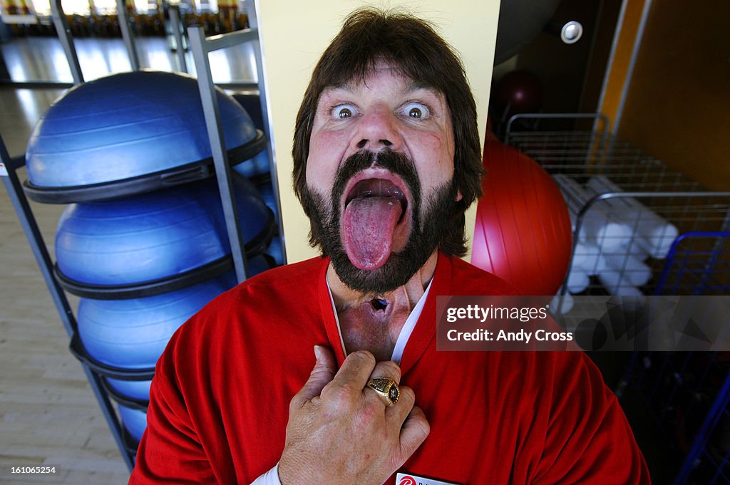 (ML)LAKEWOOD, COLORADO--FEBRUARY--15TH 2008-- Pro wrestler, Steve Williams, aka Dr. Death, shows his "tracheostomy" at Bally's Fitness in Lakewood Friday afternoon. Williams was diagnosed with throat cancer in 2003 and has overcome the desease. He now is 