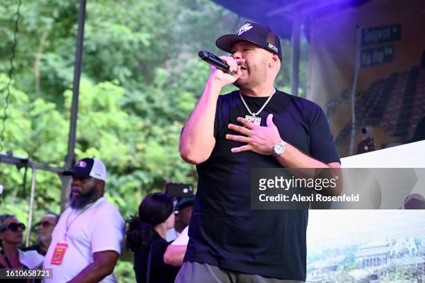 Fat Joe performs at the fiftieth anniversary of Hip Hop block party near 1520 Sedgwick Ave on August 12, 2023 in The Bronx borough of New York City....