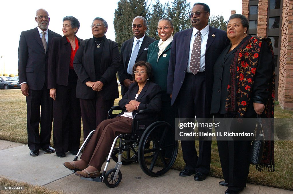 (HR) ABOVE: Eight of the nine members of the LIttle Rock Nine posed for photographers outside Congregation Emanuel before the interfaith service. They are from left to right: Terrence Roberts <cq> Carlotta Walls LaNier <cq>, Minnijean Brown Trickey <cq> J