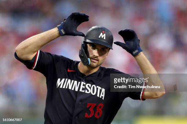Matt Wallner of the Minnesota Twins reacts after hitting a solo home run during the fourth inning against the Philadelphia Phillies at Citizens Bank...
