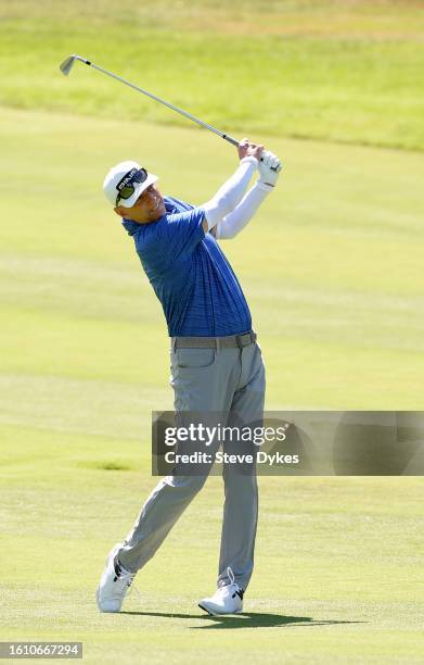 Kevin Sutherland hits his second shot on the fifth hole during the second round of the Boeing Classic at The Club at Snoqualmie Ridge on August 12,...