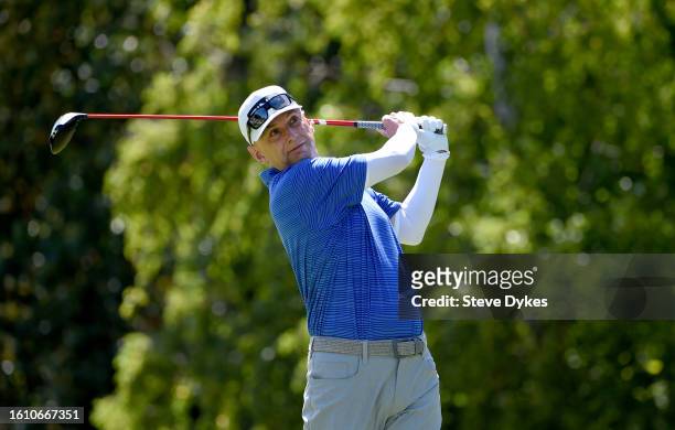 Kevin Sutherland hits his tee shot on the fifth hole during the second round of the Boeing Classic at The Club at Snoqualmie Ridge on August 12, 2023...