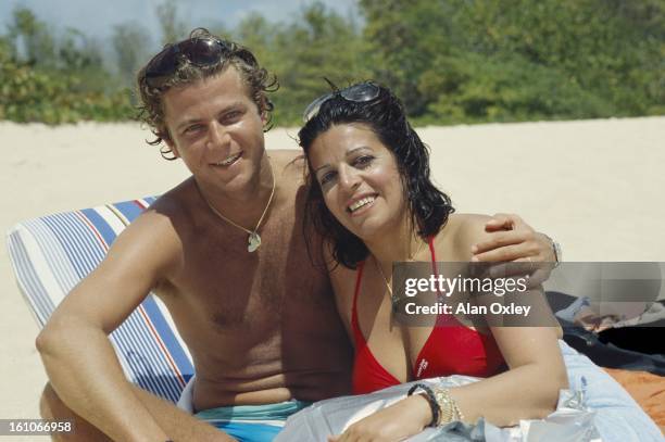 Christina Onassis and French pharmaceutical heir Thierry Roussel on their honeymoon in French Saint-Martin in March, 1984.