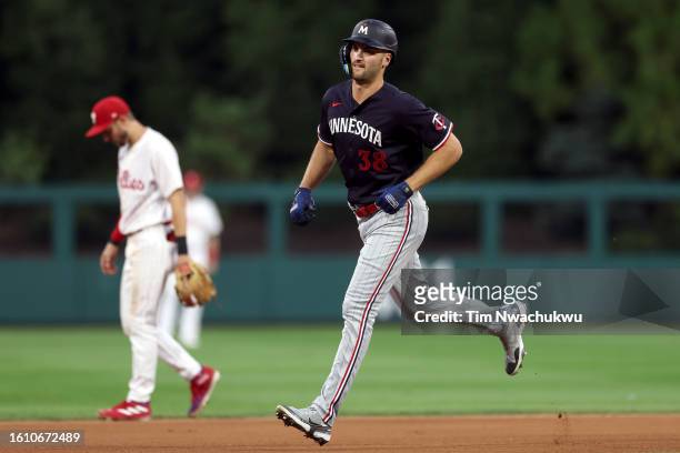Matt Wallner of the Minnesota Twins rounds bases after hitting a solo home run during the fourth inning against the Philadelphia Phillies at Citizens...